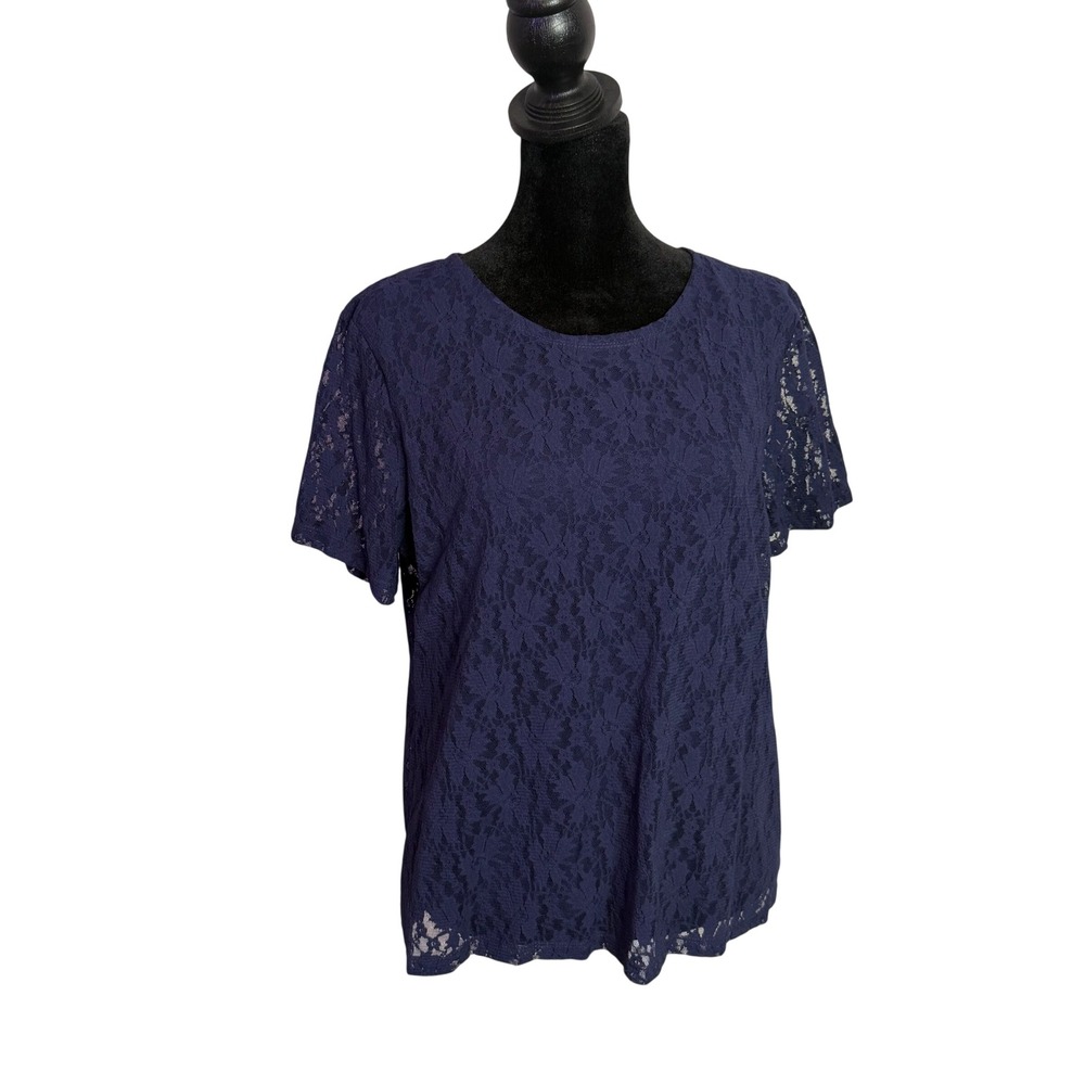 Navy Blue Floral Lace Overlay Blouse Womens L Whimsigoth Coquette Romantic Top